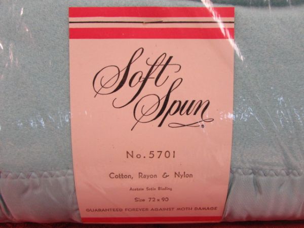 WARM & FUZZY NEVER USED BLANKET, TWO NEW FLAT SHEETS & BATH & HAND TOWEL