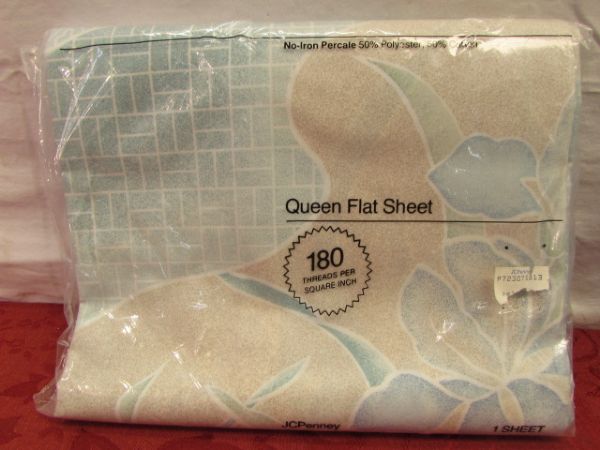WARM & FUZZY NEVER USED BLANKET, TWO NEW FLAT SHEETS & BATH & HAND TOWEL