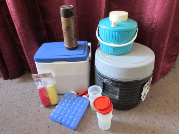 CAMPING GEAR -ICE CHEST, SMALL TUPPERWARE, WATER COOLER, PORTA POTTY & MORE.
