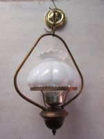 VINTAGE HANGING HURRICANE STYLE GLASS LAMP WITH MILK GLASS SHADE