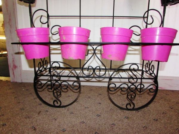 WROUGHT IRON PLANT STAND WITH SIX PLASTIC STARTER POTS