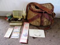 VINTAGE WICKER AND TOOLED LEATHER FISHING CREEL WITH NICE FLY CASE & MORE