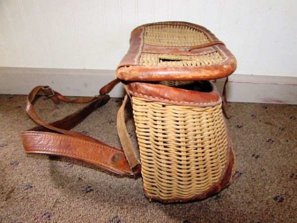 VINTAGE WICKER AND TOOLED LEATHER FISHING CREEL WITH NICE FLY CASE & MORE