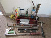 MISC TOOLS -  METAL TOOL TRAY, LASER LEVEL, COPING SAW, HAMMER & MORE