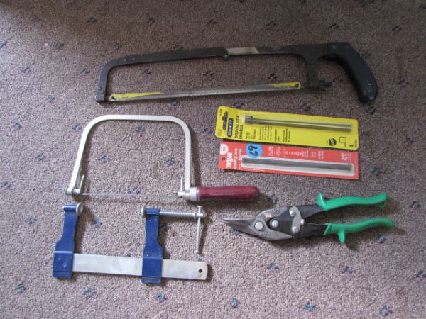 MISC TOOLS -  METAL TOOL TRAY, LASER LEVEL, COPING SAW, HAMMER & MORE