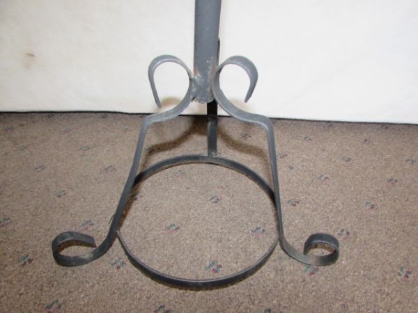TWO WROUGHT IRON PLANT STANDS & 50 FT GARDEN HOSE