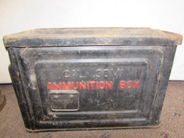 M1 AMMO BOX, VERY LARGE YARD ART PIPE CUTTER, BIG END WRENCHES & PROJECT GAS LANTERN 