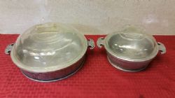 TWO VINTAGE GUARDIAN SERVICE HAMMERED PANS WITH  GLASS LIDS