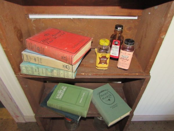 A GREAT IDEA!  6 RUSTIC WOODEN CRATES STACKED WITH VINTAGE NOVELS, BOTTLES & JARS LICENSE PLATE & MORE