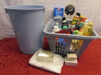 LAUNDRY BASKET FULL OF CLEANING & HOUSEHOLD SUPPLIES & LARGE WASTE BASKET