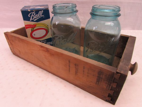TWO VINTAGE BLUE BALL MASON JARS & BALL CAPS IN A RUSTIC WOODEN DRAWER
