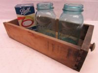 TWO VINTAGE BLUE BALL MASON JARS & BALL CAPS IN A RUSTIC WOODEN DRAWER