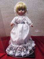 PRETTY BLUE EYED PORCELAIN BABY DOLL WITH DISPLAY CASE