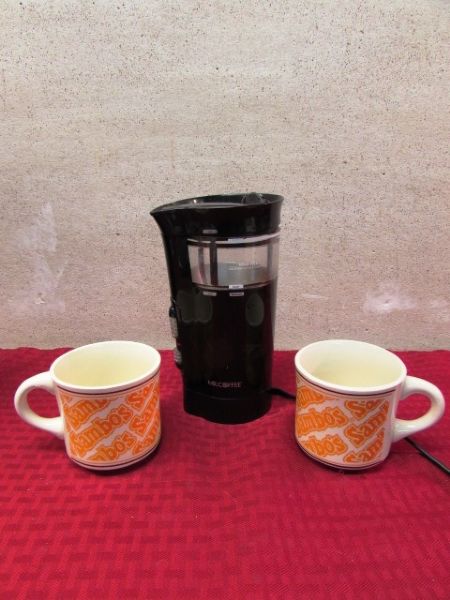 MR. COFFEE GRINDER & TWO VINTAGE SAMBOS COFFEE MUGS