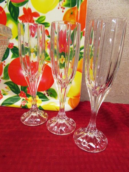 PARTY TIME - BRIGHT SERVING TRAYS, CRYSTAL CHAMPANGE FLUTES, CLEAR GLASS PITCHER & A  PUNCH BOWL