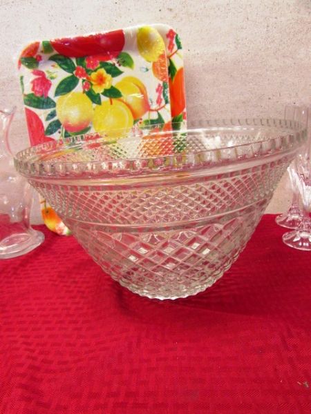 PARTY TIME - BRIGHT SERVING TRAYS, CRYSTAL CHAMPANGE FLUTES, CLEAR GLASS PITCHER & A  PUNCH BOWL