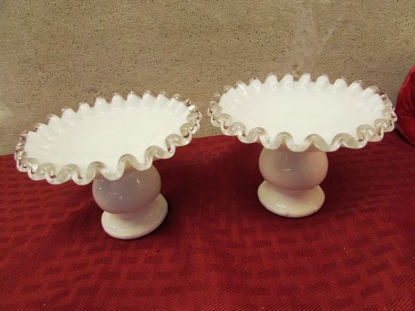 LOVELY FENTON GLASS SILVER CREST CANDLE STICK HOLDERS