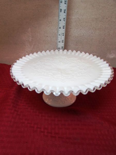 AND LAST BUT CERTAINLY NOT LEAST - FENTON MILK GLASS SPANISH LACE, SILVER CREST PEDESTAL CAKE STAND
