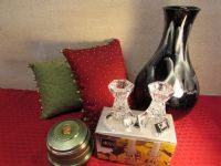 JUST A BIT OF LUXURY VINTAGE & NEW ITEMS MUSIC BOX, VASE, PILLOWS