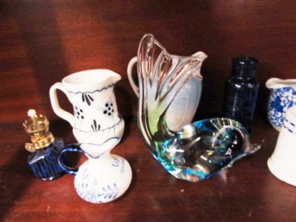 VINTAGE BLUE GLASS, MURANO FISH, ANTIQUE MEDICINE BOTTLE, PORCELAIN  & MORE