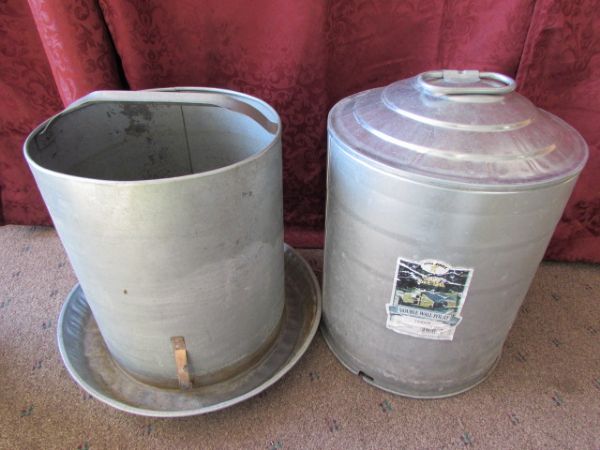 METAL CHICKEN FEEDER AND DOUBLE WALL FOUNT WATERER