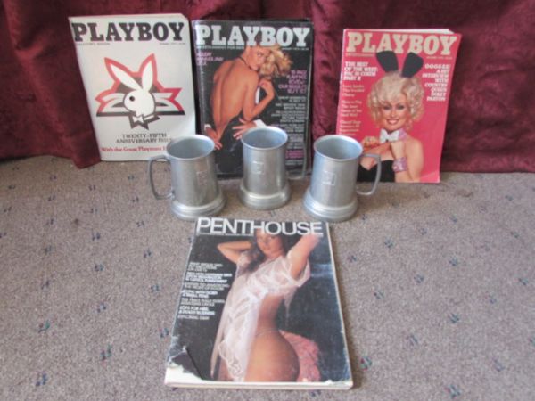VINTAGE ALUMINUM PLAYBOY BEER MUGS & VINTAGE LATE 1970'S PLAYBOY MAGAZINES