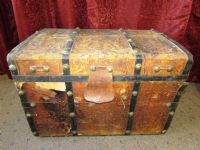 ANTIQUE STEAM TRUNK THAT ONCE TRAVELED AROUND CAPE HORN PLUS 2 SHAWLS FROM THE SAME TIME PERIOD