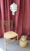 ANTIQUE WOOD CHAIR INTRICATELY WOVEN BASKET & SHELL WINDCHIME.  