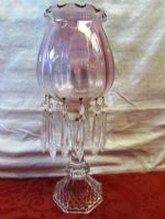 MATCHING ANTIQUE/VINTAGE MANTLE LUSTER WITH PINK GLASS GLOBE & CRYSTAL PRISMS