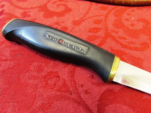 VINTAGE NORMARK STAINLESS STEEL FISHING FILLET KNIFE WITH LEATHER SHEATH & DAIWA REEL