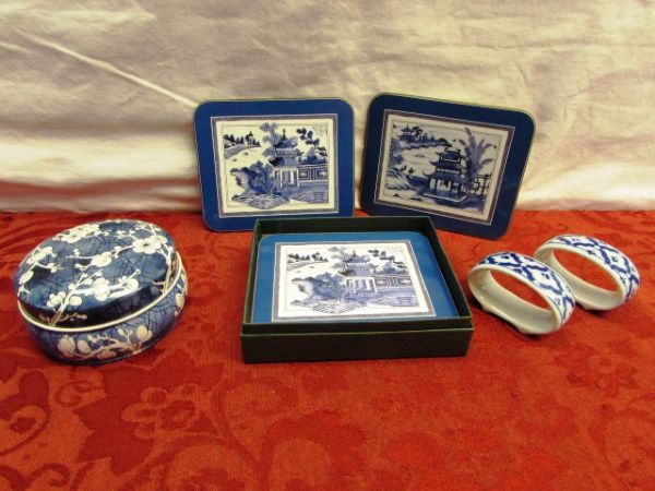 BEAUTY OF THE ORIENT - IN BLUE & WHITE  -PORCELAIN BOWL & DECORATIVE  BALLS, COASTERS, NAPKIN RINGS & MORE