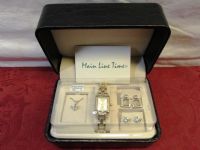 CLASSY NEW IN BOX MAIN LINE TIME QUARTZ WATCH, TWO PAIR OF EARRINGS & NECKLACE