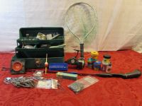 METAL TACKLE BOX, LURES, POLE,  SOUTH BEND REEL, NET, WOOD BOBBER & MORE