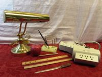 BRASS PIANO LAMP, ONYX PEN HOLDER & ORGANIZER, MARBLE APPLE PAPERWEIGHT, SURGE PROTECTORS & . .