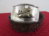 NEVER WORN TOOLED WESTERN LEATHER BELT WITH BULL RIDER BUCKLE