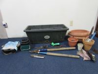 VARIETY OF GARDENING TOOLS, EARTHBOX PLANTERS, TROWELS, POTS & MORE