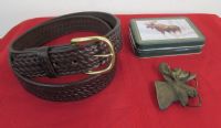 A NEW LEATHER BELT, SOLID BRASS MOOSE BELT BUCKLE & A MOOSE TIN