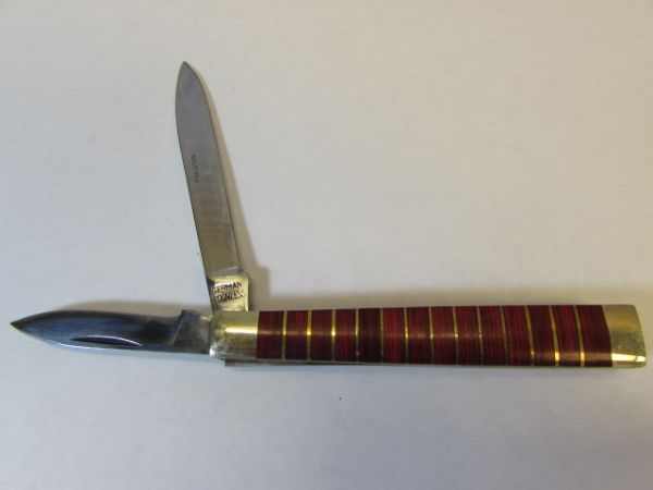 NIB POCKET KNIFE WITH BEAUTIFUL CHERRY PAKKA WOOD & BRASS HANDLE