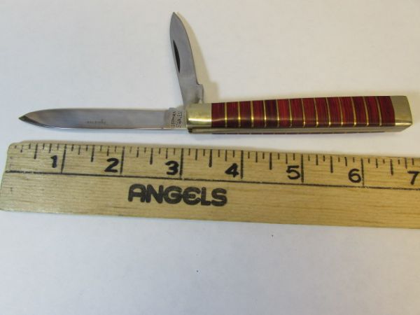 NIB POCKET KNIFE WITH BEAUTIFUL CHERRY PAKKA WOOD & BRASS HANDLE