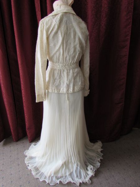 GORGEOUS VINTAGE PLEATED GOWN, EMBROIDERED JACKET & GOLD & RHINESTONE CLUTCH 
