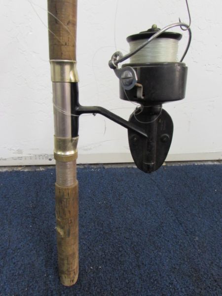 VINTAGE MITCHELL 300 FISHING REEL, POLE, BASKET FISH TRAP, HOOKS, WEIGHTS, CANVAS CREEL & MORE 