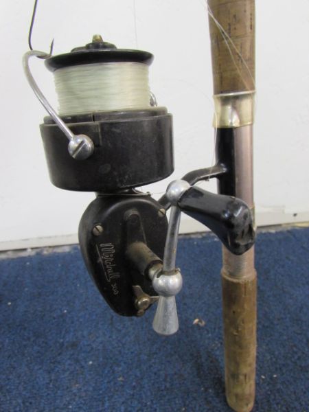 VINTAGE MITCHELL 300 FISHING REEL, POLE, BASKET FISH TRAP, HOOKS, WEIGHTS, CANVAS CREEL & MORE 
