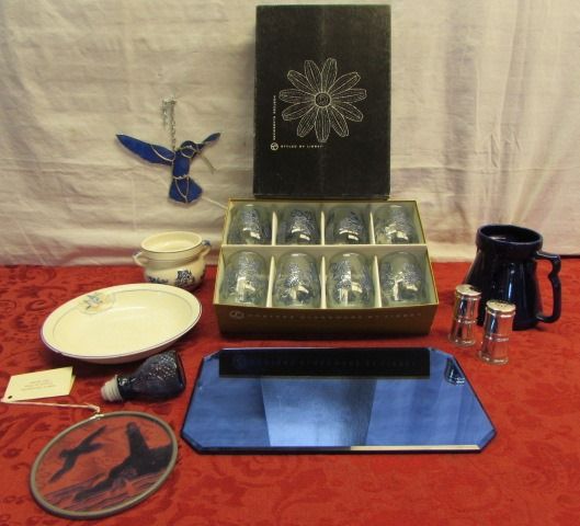 BEAUTIFUL BLUE - STAINED GLASS, BEVELLED GLASS TRAY, NIB  LIBBY GLASSES, DERWOOD BOWL & MORE
