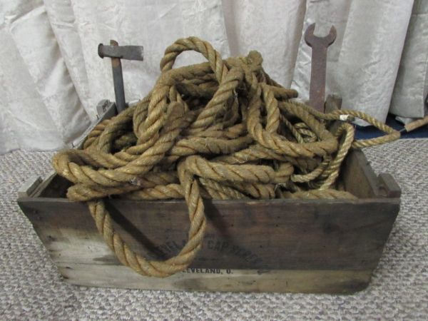 VINTAGE WOODEN CRATE WITH ROPE, HAMMER & WRENCH