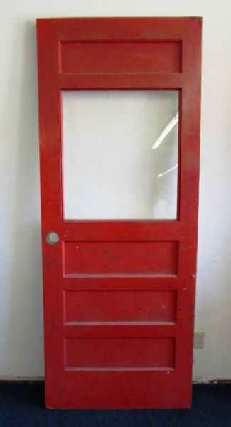 VINTAGE SOLID RED & WHITE DOOR WITH GLASS PANEL