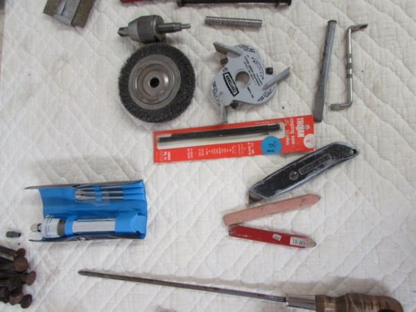 LARGE COLLECTION OF TOOLS AND HARDWARE,  TORCH HEAD, DROP CLOTH, SCREW DRIVERS & MORE