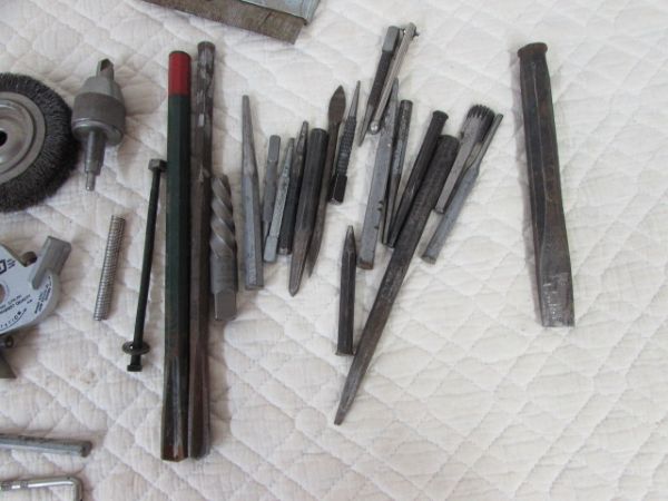 LARGE COLLECTION OF TOOLS AND HARDWARE,  TORCH HEAD, DROP CLOTH, SCREW DRIVERS & MORE