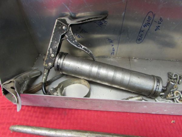 CUSTOM MADE TRUCK TOOL BOX WITH GREASE GUN, DRILL BITS & MORE