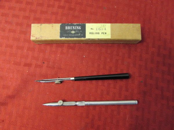 VINTAGE DRAFTING TOOLS AND A METAL STORAGE CONTAINER