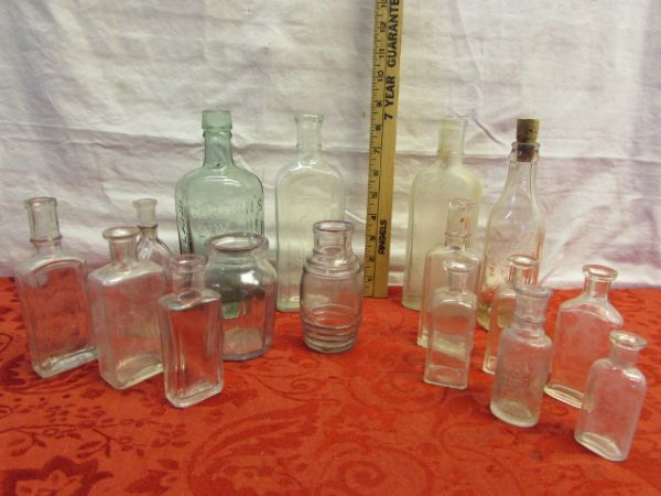 SIXTEEN ANTIQUE GLASS BOTTLES-GREEN GLASS GORDON'S DRY GIN, CREOMULSION, PAUL BUNYANS PINE, SUN PURPLE GLASS & MORE